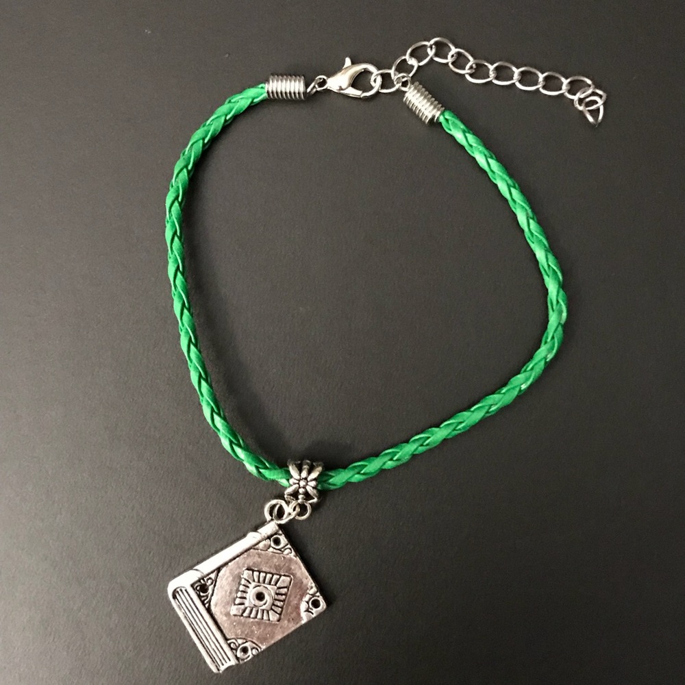 Green Braided Leather Book Charm Bracelet